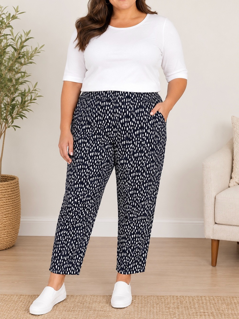 Premise Navy Blue & White Printed Ankle Pull-On Pants
